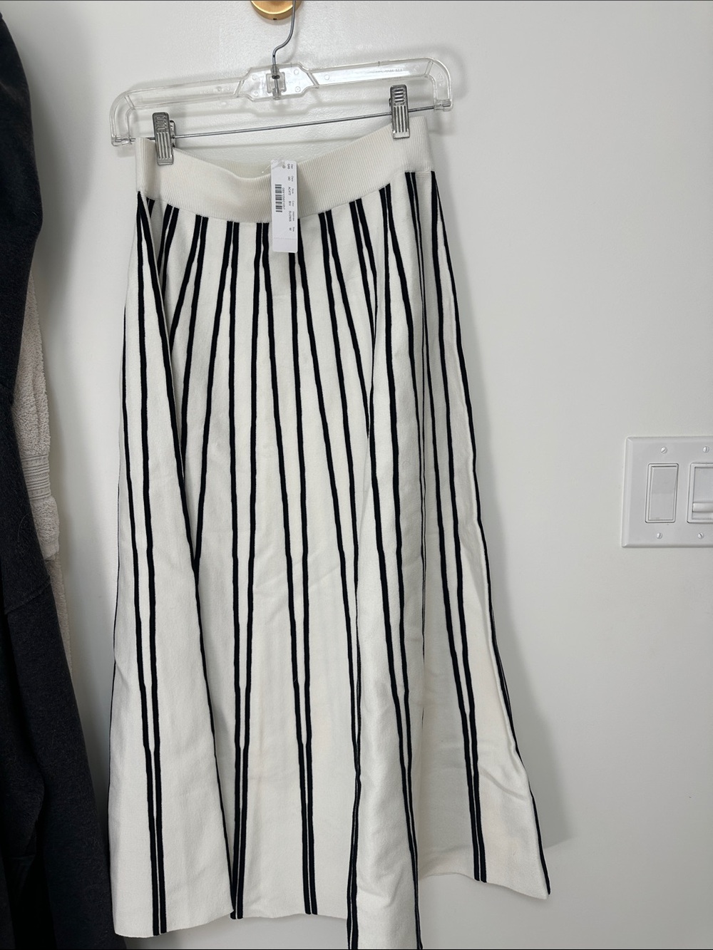 J. Crew White A-Line Midi Skirt with Black Vertical Stripes